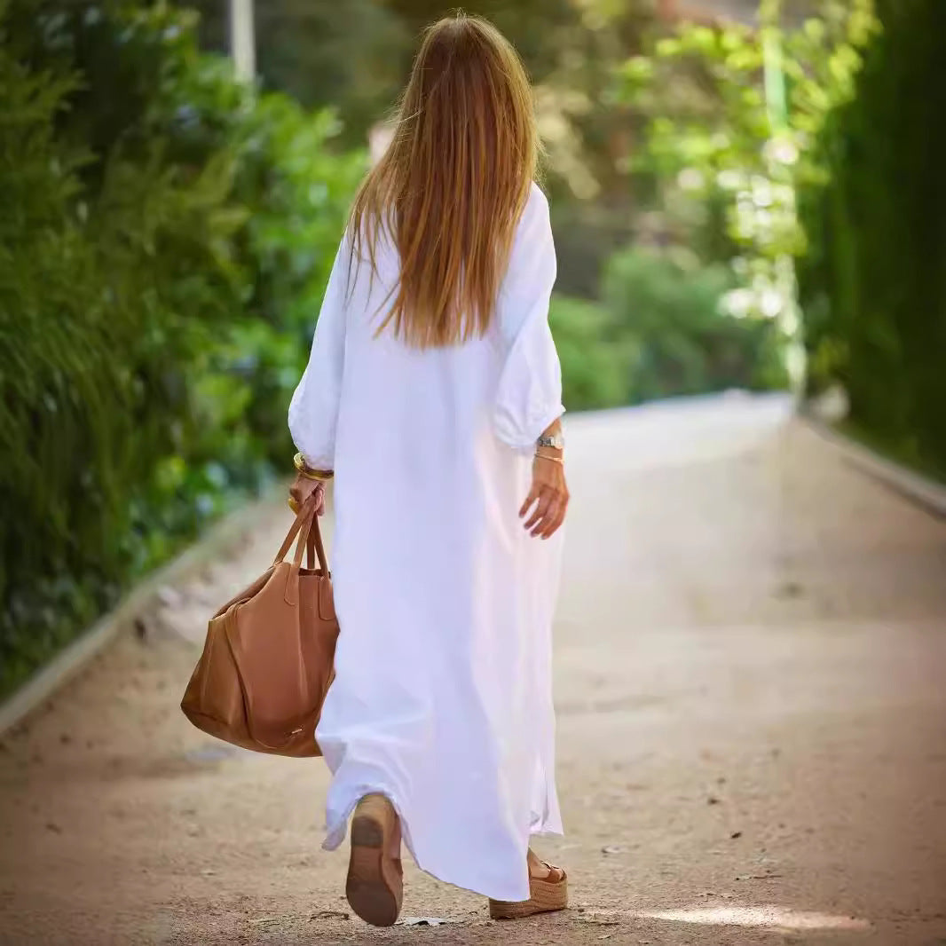 Cotton Linen Shirt Long Dress Fashion Casual Long Sleeve Cardigan Dresses