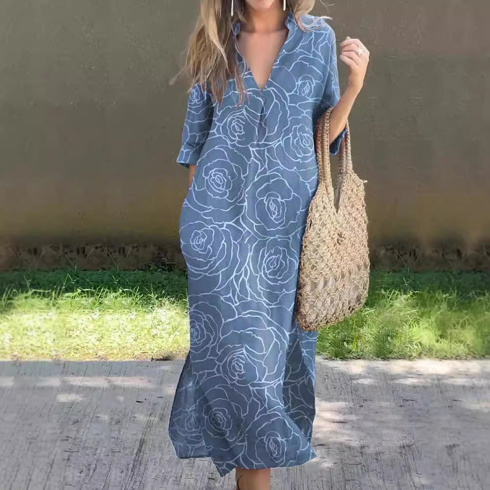 Casual Summer Loose Skirt Slit V Neck Printed Faux Hemp Dresses