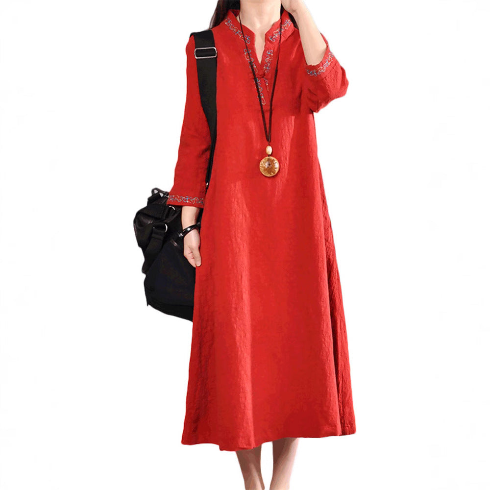 2025 Spring and Autumn new V-neck disc buckle linen embroidery robe cotton dress
