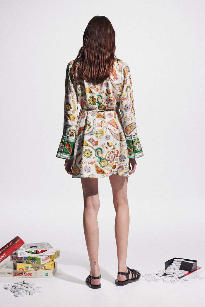 Lapel Tie Waist Positioning Printed Linen Resort Long Sleeve Dress