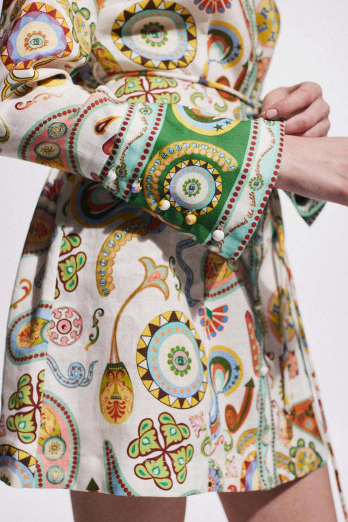 Lapel Tie Waist Positioning Printed Linen Resort Long Sleeve Dress