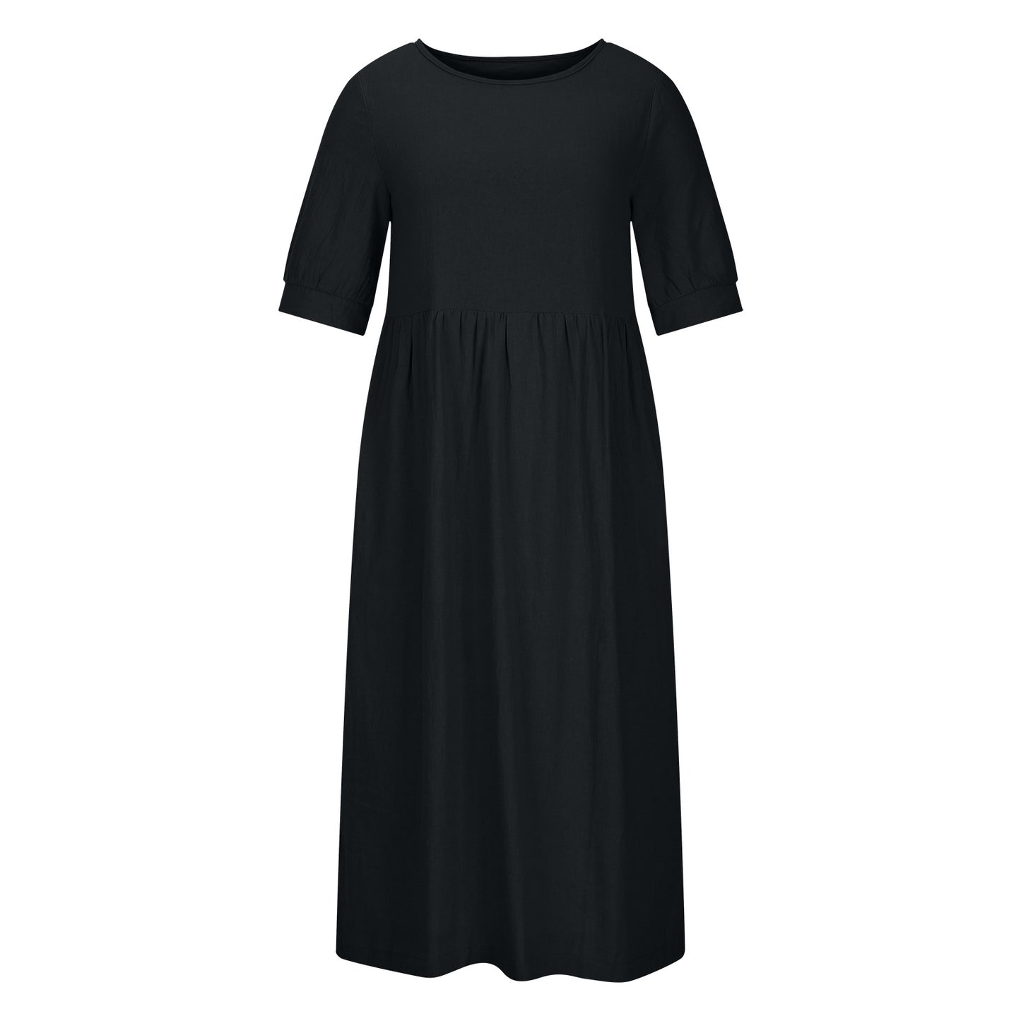 Solid Color Wide Elastic Waist Mid-Length Cotton and Linen Round Neck Dress Skinny