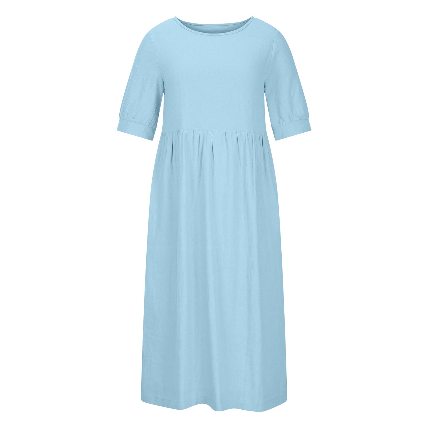 Solid Color Wide Elastic Waist Mid-Length Cotton and Linen Round Neck Dress Skinny