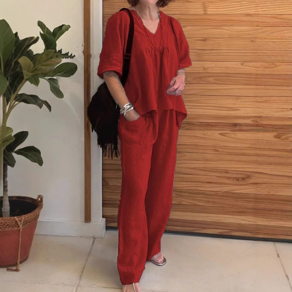 2025 summer new cotton and linen solid color V-neck casual short-sleeved top and pants two-piece suit