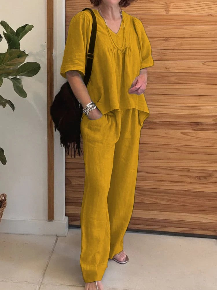 2025 summer new cotton and linen solid color V-neck casual short-sleeved top and pants two-piece suit