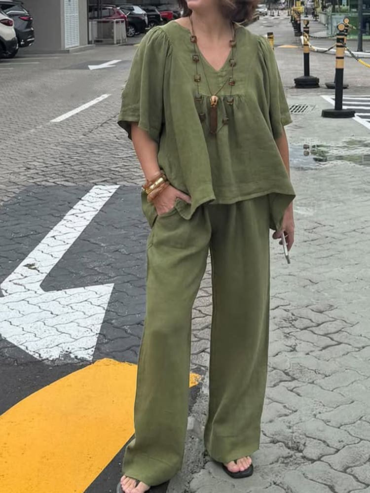 2025 summer new cotton and linen solid color V-neck casual short-sleeved top and pants two-piece suit