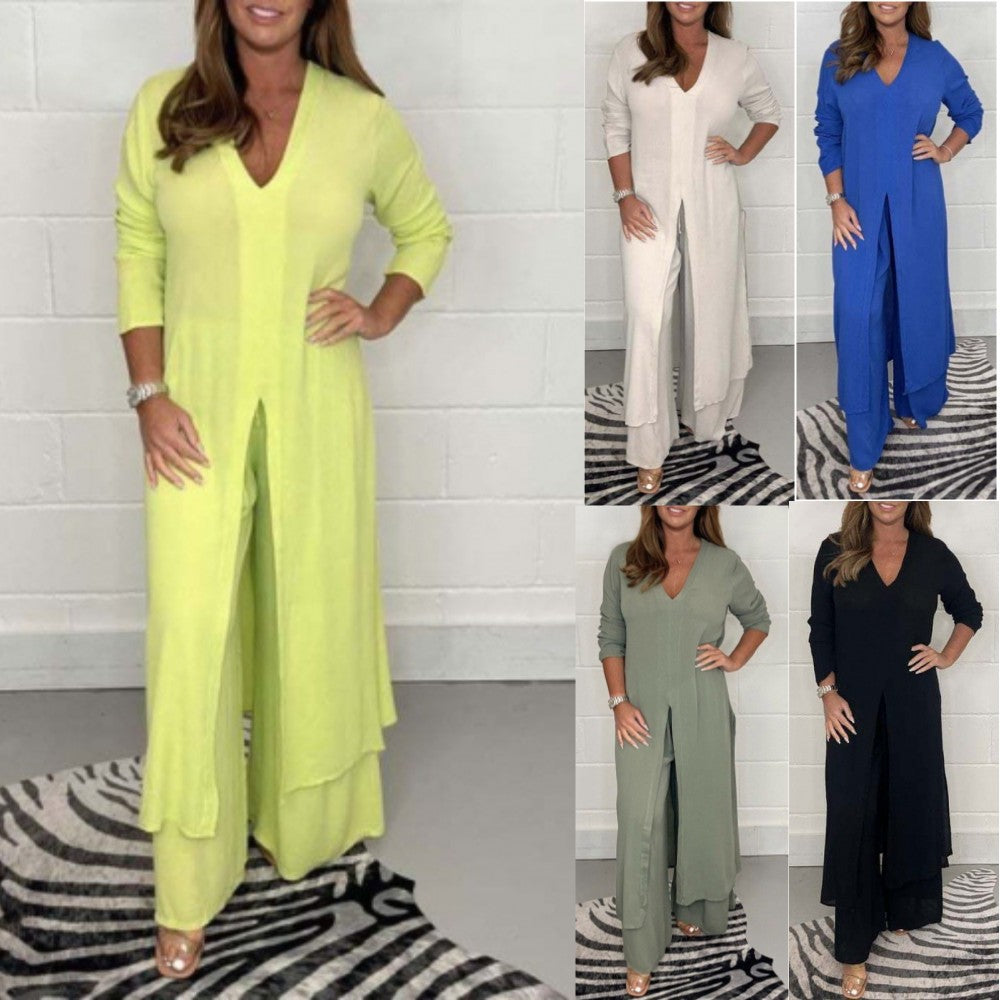 Spring and Summer Women's V-Neck Long Sleeve Split Top Pants Two Piece Suit