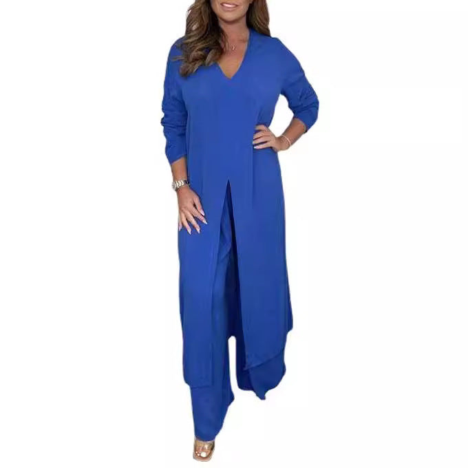 Spring and Summer Women's V-Neck Long Sleeve Split Top Pants Two Piece Suit