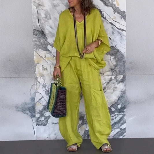 Women's Casual V-Neck Loose Pocket Mid Sleeve Cotton Linen Suit