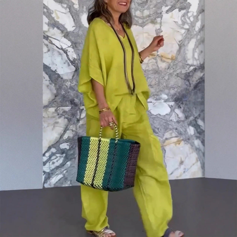 Women's Casual V-Neck Loose Pocket Mid Sleeve Cotton Linen Suit