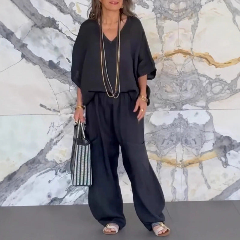 Women's Casual V-Neck Loose Pocket Mid Sleeve Cotton Linen Suit