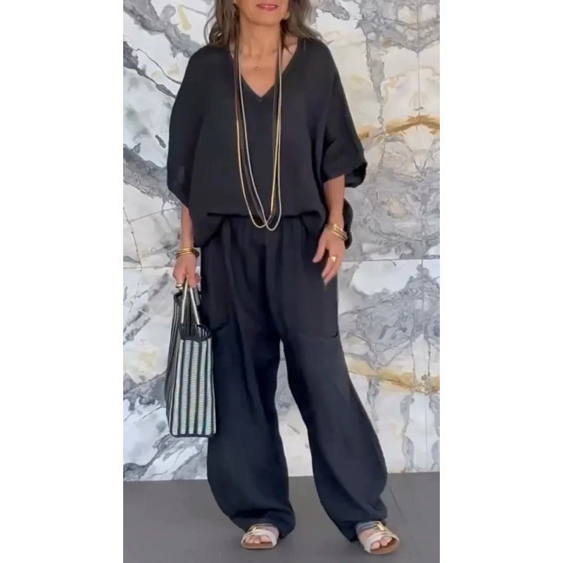 Women's Casual V-Neck Loose Pocket Mid Sleeve Cotton Linen Suit