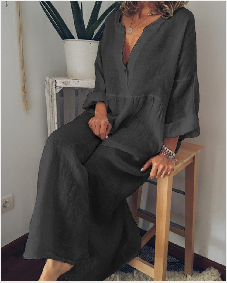Middle East Linen Solid Color Long Sleeve V-Neck Buttoned Big Hem Dress Women