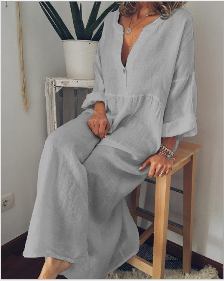 Middle East Linen Solid Color Long Sleeve V-Neck Buttoned Big Hem Dress Women