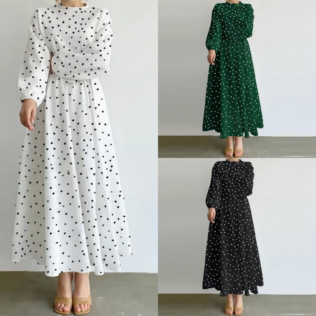 （25% Off Any Two Items）New Casual Loose Waist Long Sleeve Round Neck Heart Printed Dresses