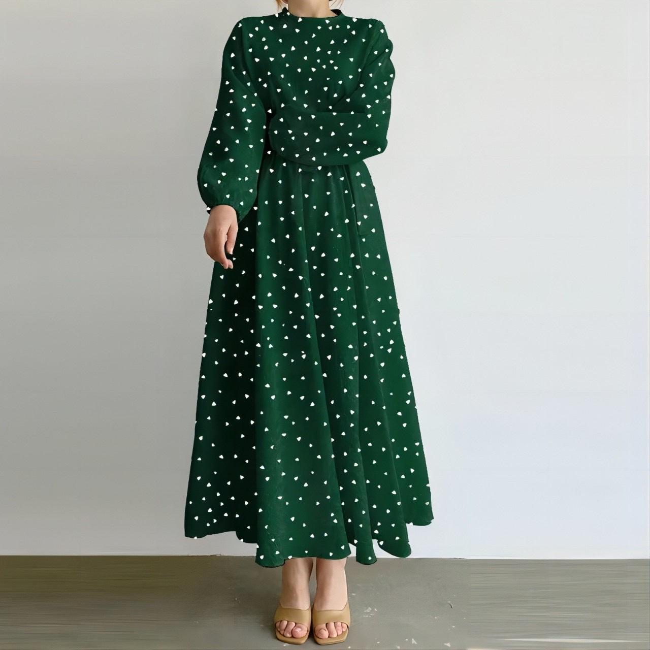 （25% Off Any Two Items）New Casual Loose Waist Long Sleeve Round Neck Heart Printed Dresses
