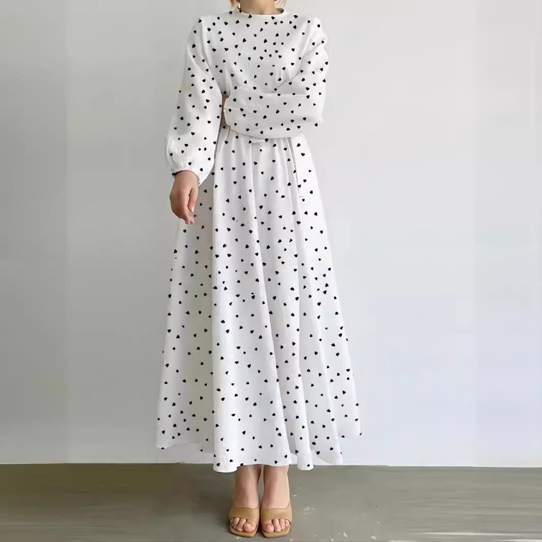 （25% Off Any Two Items）New Casual Loose Waist Long Sleeve Round Neck Heart Printed Dresses