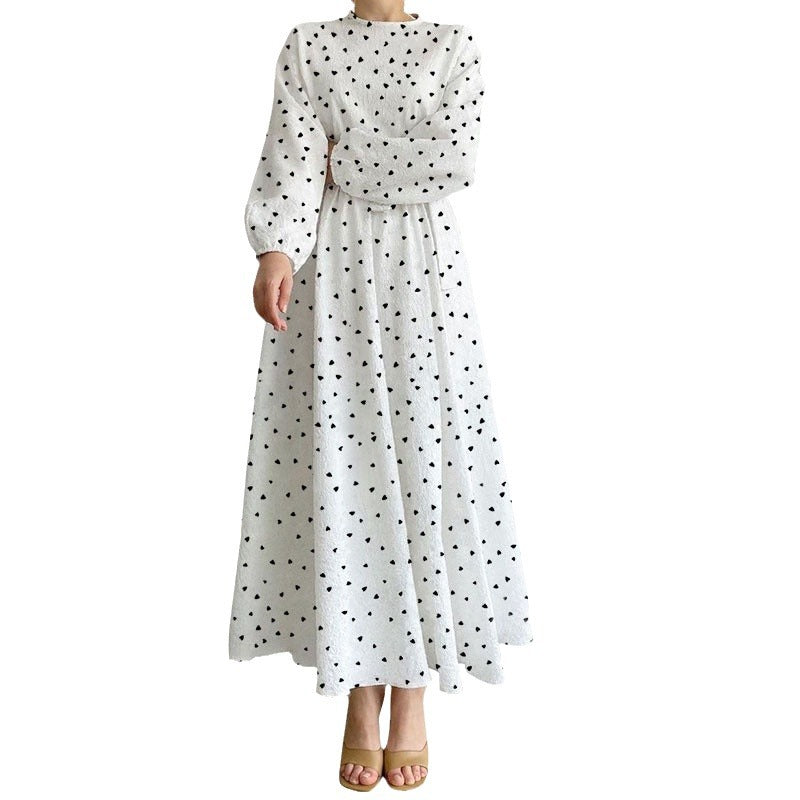 （25% Off Any Two Items）New Casual Loose Waist Long Sleeve Round Neck Heart Printed Dresses