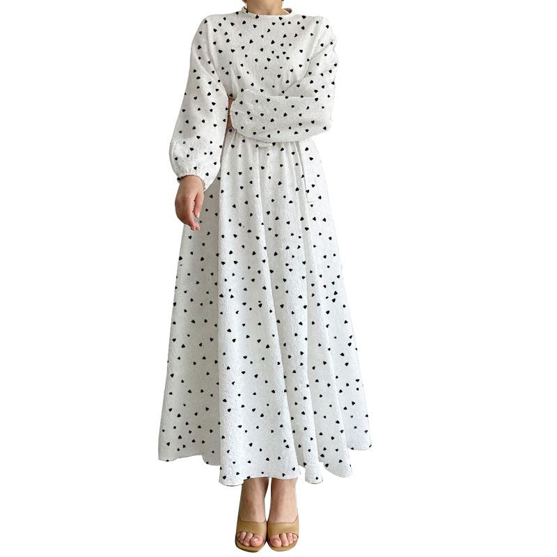 （25% Off Any Two Items）New Casual Loose Waist Long Sleeve Round Neck Heart Printed Dresses