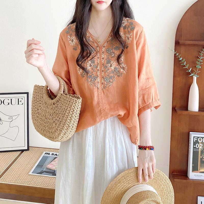 Tencel Cotton Shirt Women Literary Loose v-Neck Pullover Embroidery Medium Sleeve Tops