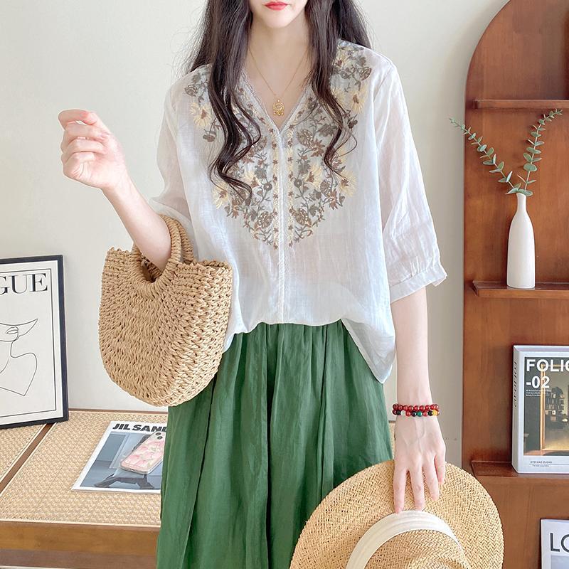 Tencel Cotton Shirt Women Literary Loose v-Neck Pullover Embroidery Medium Sleeve Tops