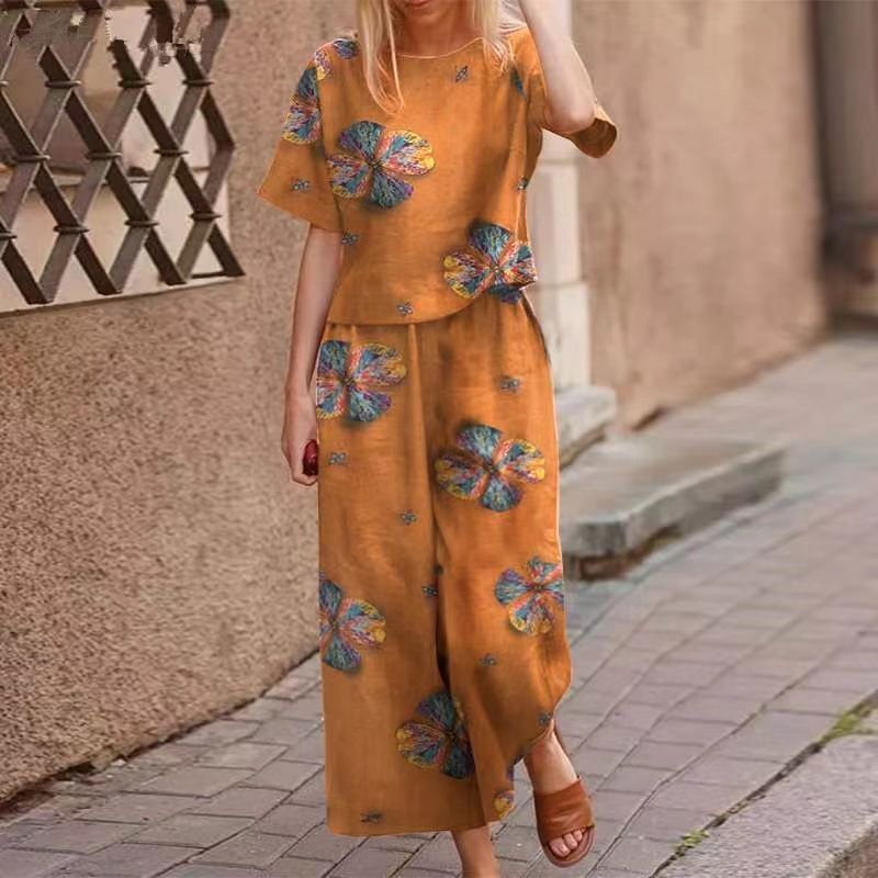2025 New Women's Printed Cotton Linen Job Short Sleeve Casual Nine Minute Pants Set