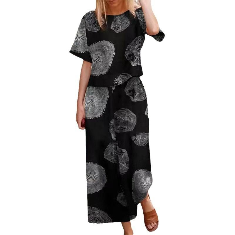 2025 New Women's Printed Cotton Linen Job Short Sleeve Casual Nine Minute Pants Set