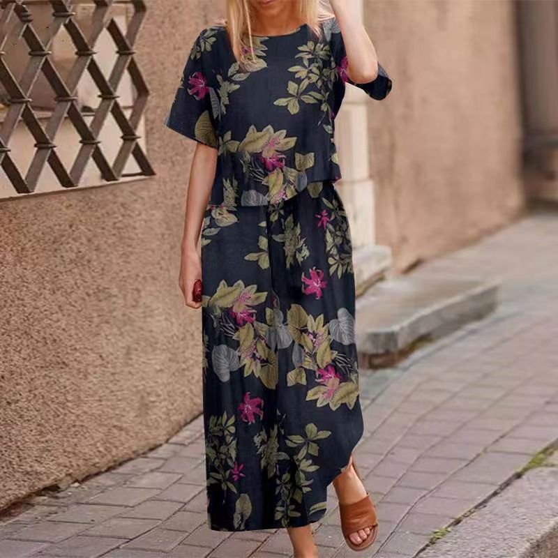 2025 New Women's Printed Cotton Linen Job Short Sleeve Casual Nine Minute Pants Set