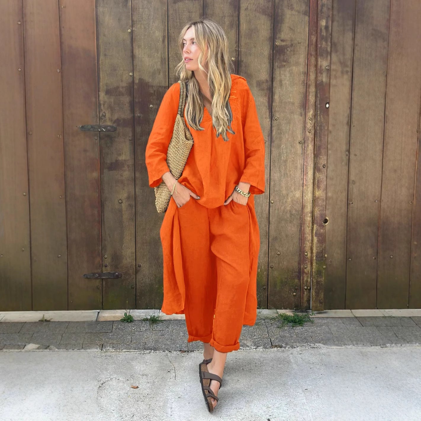 2025 Large Size Cotton Linen Shirt Set High Waisted Loose Pants