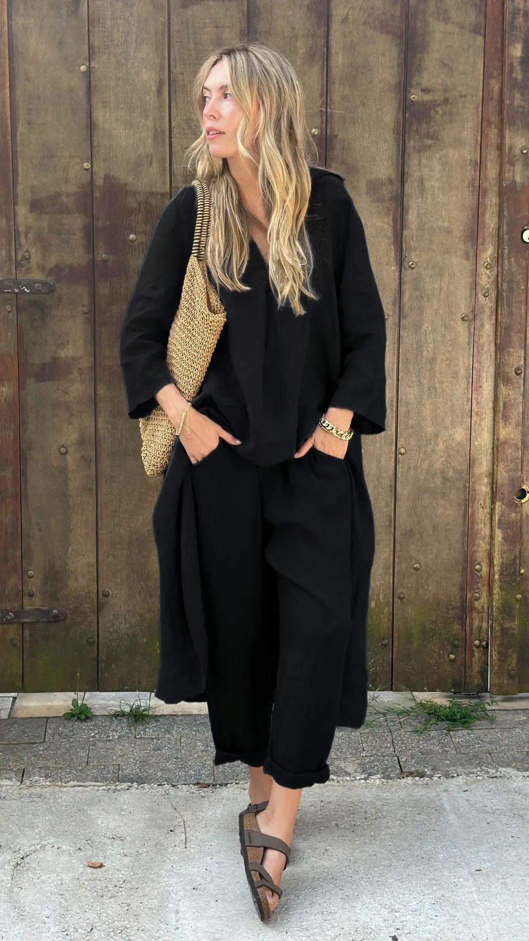 2025 Large Size Cotton Linen Shirt Set High Waisted Loose Pants