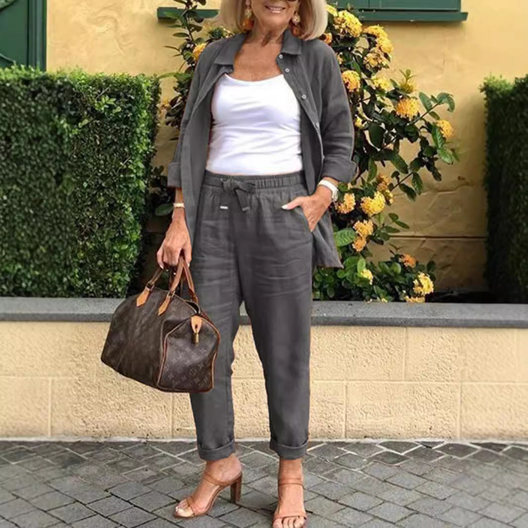 (Any two items 25% off ) Casual cotton-linen jacket and loose-fitting trousers set