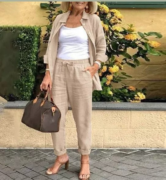(Any two items 25% off ) Casual cotton-linen jacket and loose-fitting trousers set