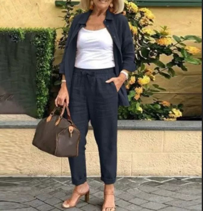 (Any two items 25% off ) Casual cotton-linen jacket and loose-fitting trousers set