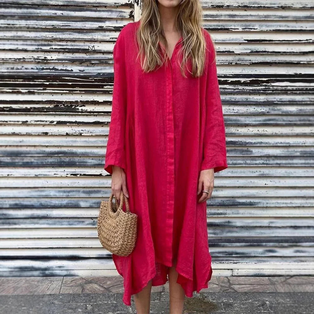 2025 Summer Loose Solid Color Cotton and Linen Fashion Long Sleeve Shirt Long Dress