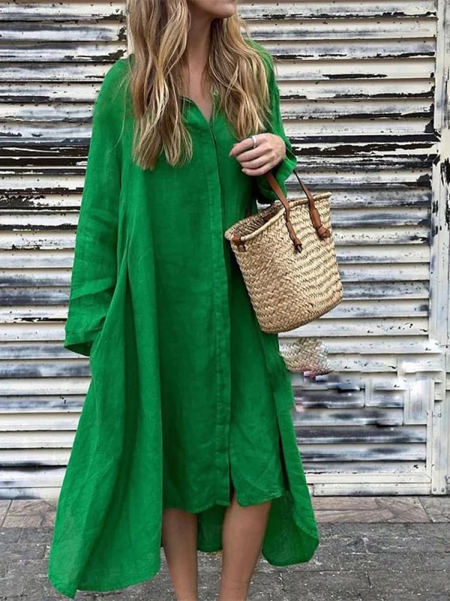2025 Summer Loose Solid Color Cotton and Linen Fashion Long Sleeve Shirt Long Dress