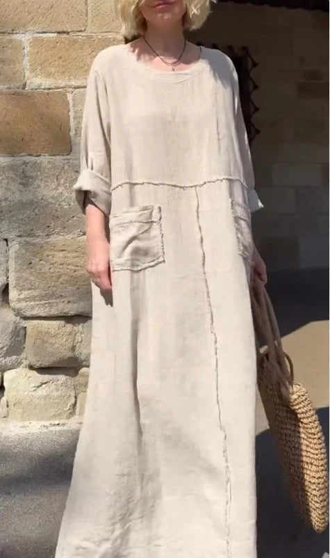 Round Neck Cotton Linen Long Sleeve Casual Pleated Double Side Pocket Dress