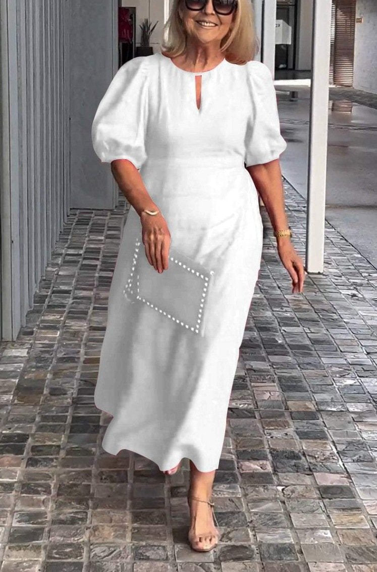Women's Solid Color Loose Casual Crewneck Puff Sleeve Dress