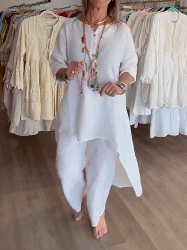 Solid color casual long-sleeved cotton and linen suit