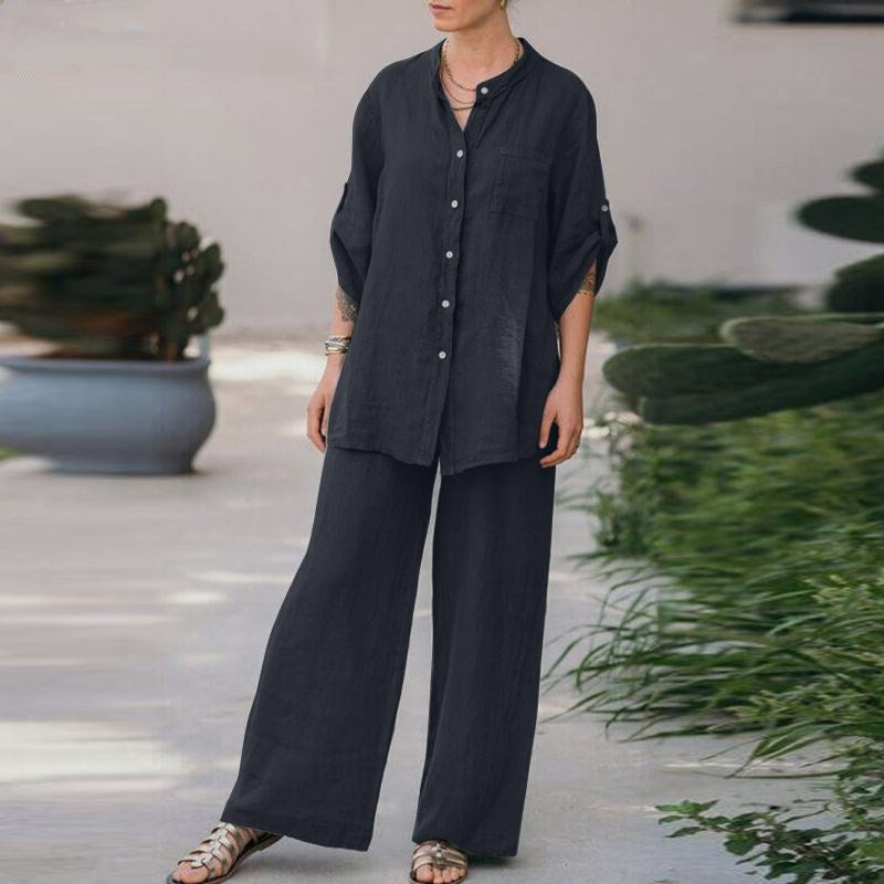 【2 pieces 75% off】Vintage cotton and linen shirt high waist loose trousers set