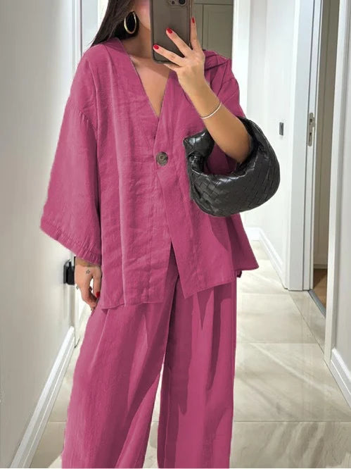 Casual suit V-neck one-button loose long-sleeved blouse high-waisted suit pants two-piece set