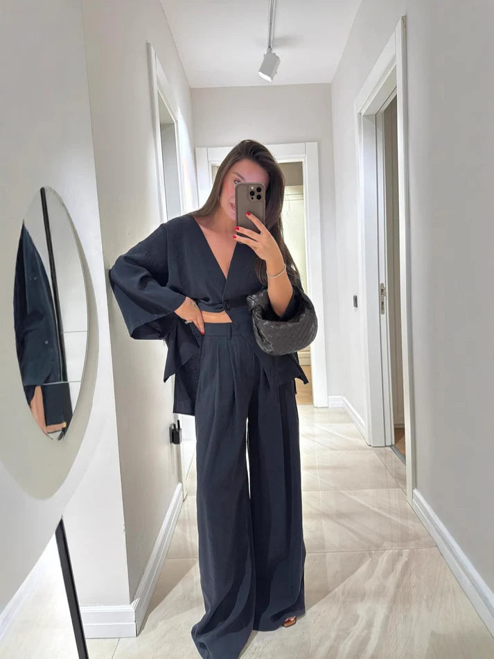 Casual suit V-neck one-button loose long-sleeved blouse high-waisted suit pants two-piece set