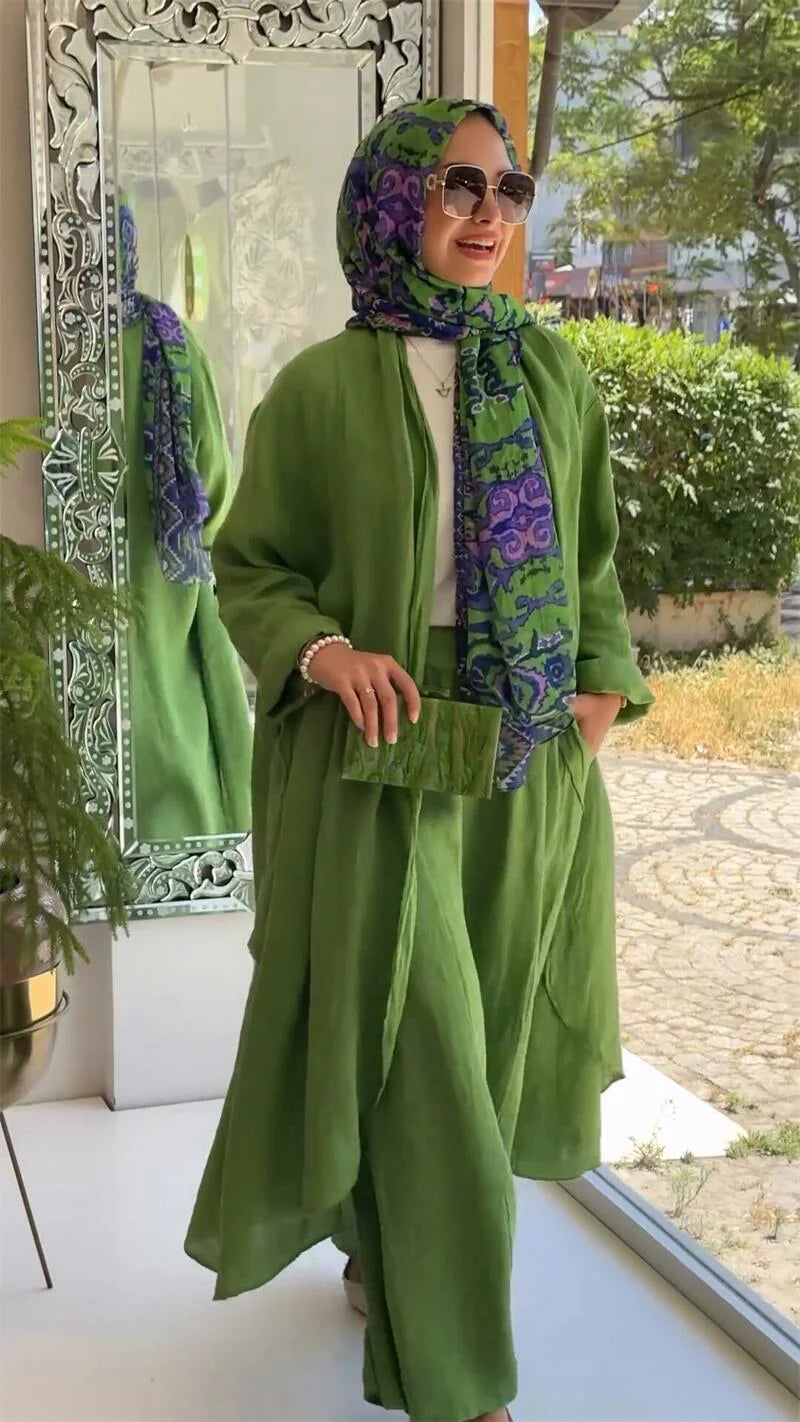 Fashion Loose Long Cardigan Casual Wide Leg Pants 2 Piece Set