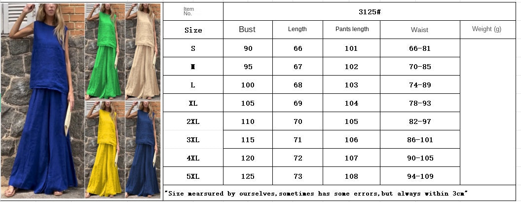 2025 Large Size Loose Solid Color Cotton Linen Sleeveless Pants Two Piece Set