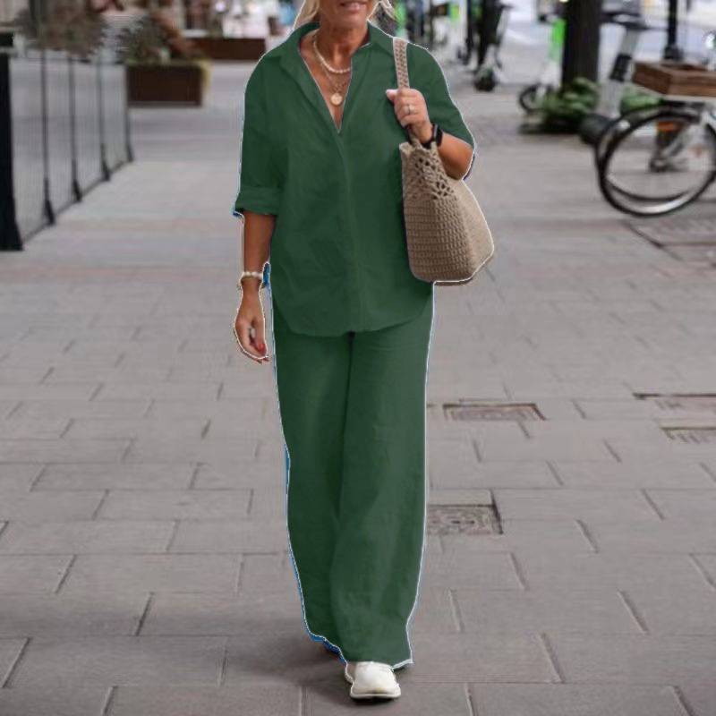【2 pieces 25% off】Casual solid color lapel long-sleeved shirt wide-leg suit